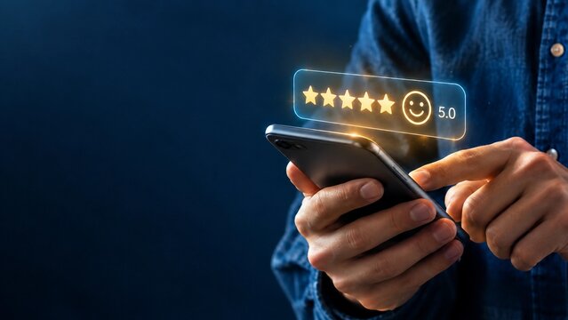 Customer review and 5-star rating concept on smartphone screen for client satisfaction and online service evaluation