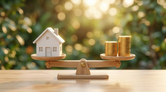 Gold coins balanced with a house on a scale, symbolizing financial stability and affordable home ownership in a sunny setting.
