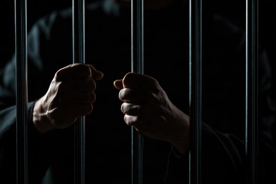 Hands gripping prison bars in a dark setting, symbolizing confinement and imprisonment.