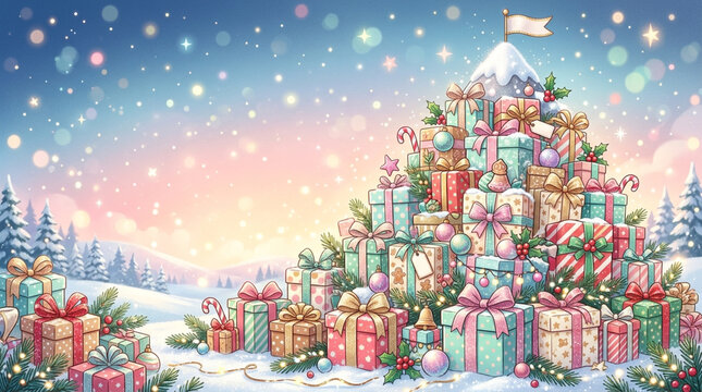 Large mountain of pastel Christmas gift boxes isolated on white with transparent background