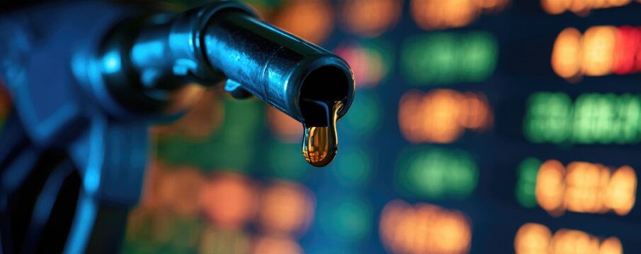 Close-up of a dripping fuel nozzle with blurred stock market data in the background, symbolizing oil prices and energy markets.