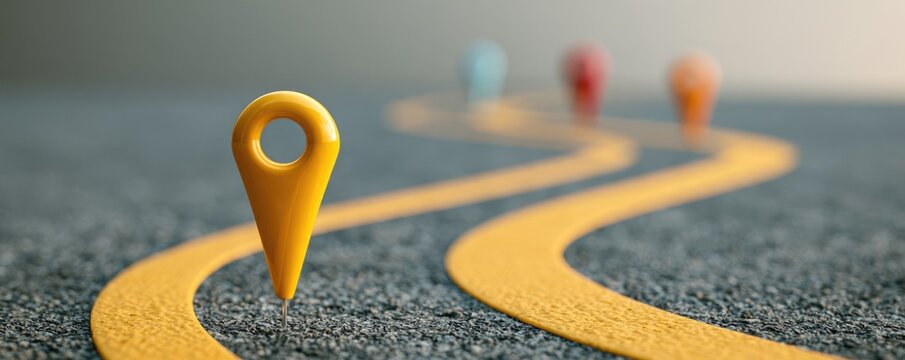 A yellow location pin marks a winding yellow road line on an asphalt surface, symbolizing navigation and direction.
