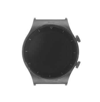 Black digital wristwatch isolated on a white background.