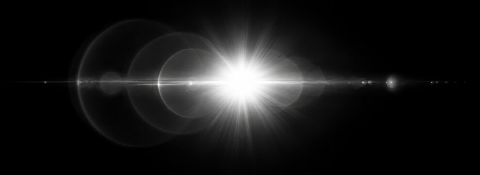 White glowing lens flare PNG overlay with radiant optical halos and horizontal light streak