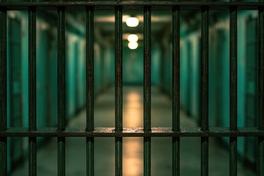 A close-up view of black metal prison bars with a blurred corridor and bright lights in the background, creating a somber and confined atmosphere.