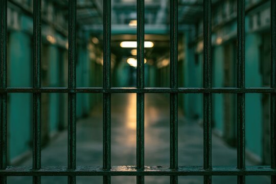 View through metal prison bars into a dimly lit, narrow corridor with green walls and overhead lights.