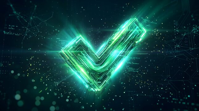 Glowing digital check mark symbol floating in a hightech cyberspace environment with data streams and circuit board patterns
