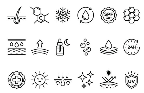 Set of skincare and beauty line icons, including hair, vitamin c, cooling, hydration, spf, honeycomb, serum, bubbles, 24h protection, sun protection, and dermatological care