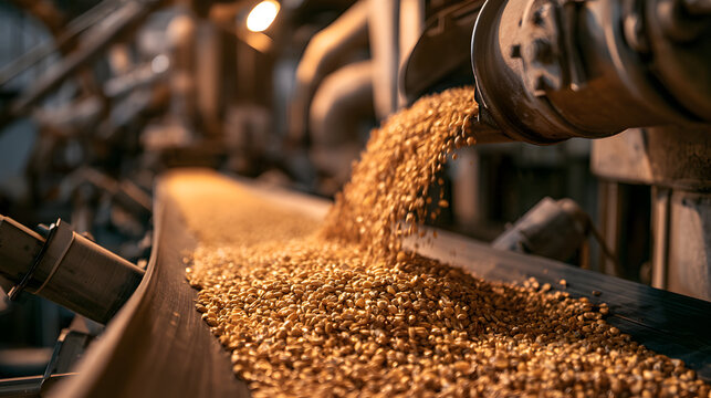 Golden wheat grains pour onto a modern industrial conveyor belt inside a busy agricultural processing facility, showcasing automated food production and agricultural harvest technology with warm, dram