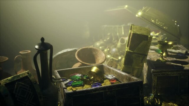 Rusted chest amid misty relics and coins, sunken ship ambiance, deepsea explorer scenario with coralencrusted anchor, murky beams and drifting plankton