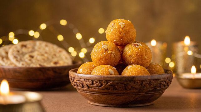 Bowl filled with delicious traditional Indian besan laddu