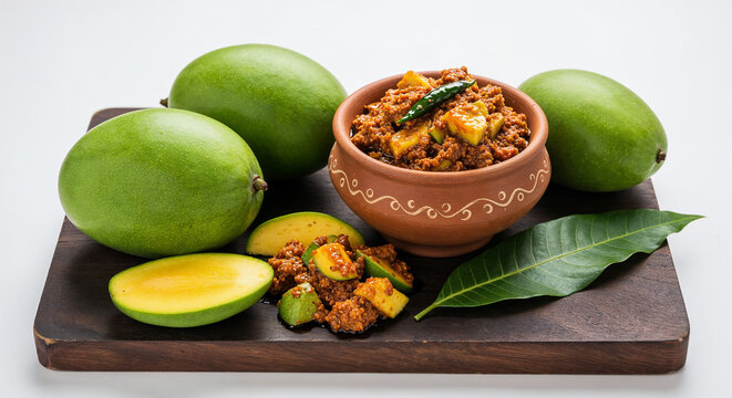 Bowl filled with spicy raw mango pickle achaar