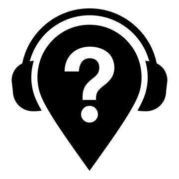 Headphones over a map location pin with a question mark symbol audio support customer service help desk