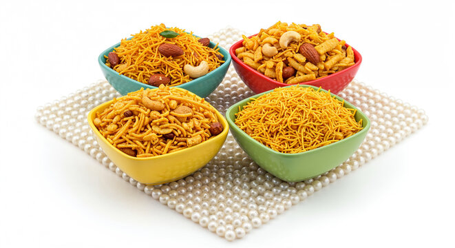 Assortment of four traditional Indian namkeen savory 