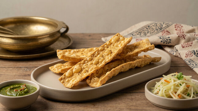 Crispy Gujarati Fafda snack served on a platter with green chilies and chutney