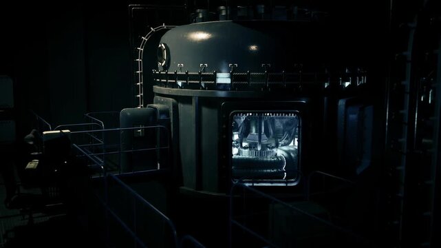Isolated glowing column inside containment corridor, single illuminated module with surrounding rails and piping, cinematic blue haze and reflective floor,