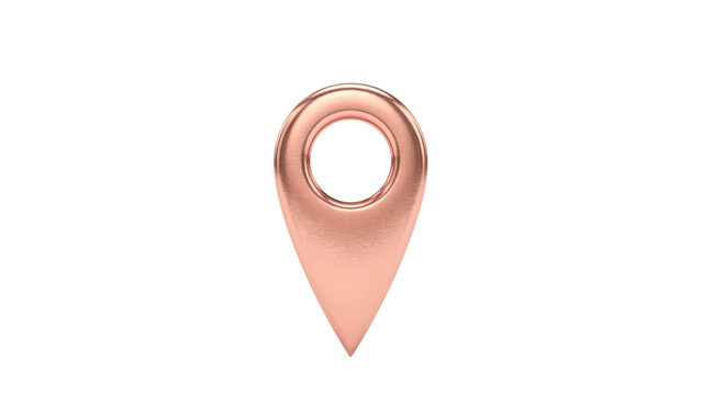 Rose gold metallic 3d location pin icon featuring a smooth polished reflective surface design rendered with high quality textures and clean aesthetics on transparent background