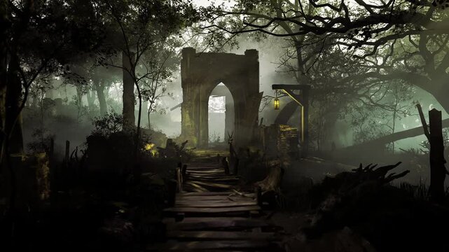 A dimly lit path leads to the remnants of an old archway surrounded by dense, misty woods. Lanterns flicker softly, hinting at stories lost to time under the canopy of trees.