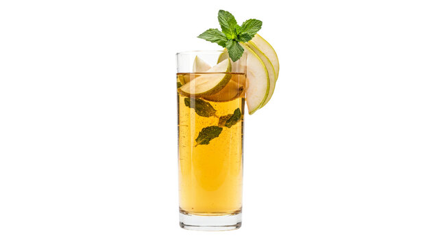 Refreshing pear iced tea beverage served in a tall clear glass with fresh green mint leaves and thin crisp fruit slices captured on transparent background