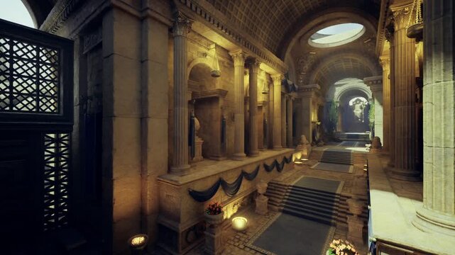 golden gallery corridor with sweeping staircase, curator inspection vibe, warm sconces and polished stone, ornamental friezes and distant archway creating