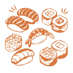 Hand drawn Japanese sushi vector illustration set with salmon nigiri, ebi shrimp, ikura gunkan, and maki rolls © aish