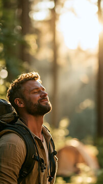 a beard and curly hair, wearing a brown jacket, stands in a forest during golden hour. He has a backpack on his back and his eyes are closed, seemingly lost in thought. The sun casts a warm.