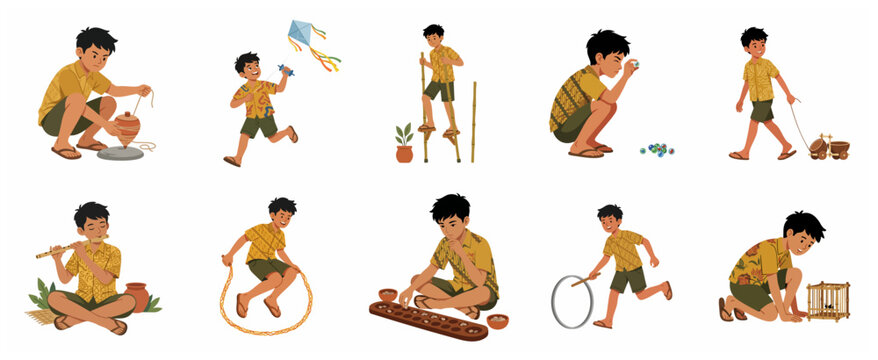 Set of Indonesian Boys Playing Traditional Folk Games Illustration wearing Batik Clothes
