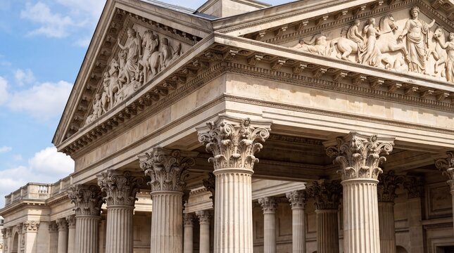 Magnificent ancient European neoclassical architecture featuring grand stone pillars and ornate sculptural reliefs on the pediment under a bright blue sky during daytime in a historic city