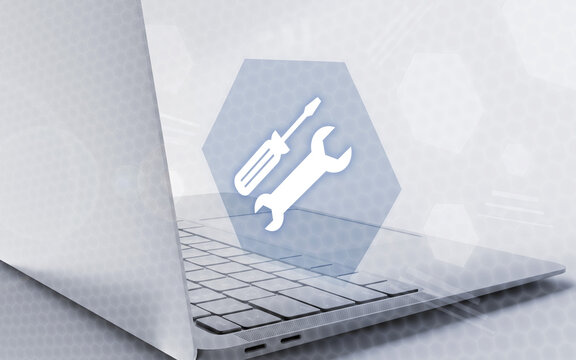 Reparatura de ordenadores, mantenimiento de PC, soporte t&eacute;cnico inform&aacute;tico, servicio de asistencia y optimizaci&oacute;n de sistemas digitales en un ordenador port&aacute;til moderno con herramientas virtuales.