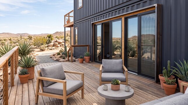 A comfortable wooden patio deck features armchairs and a table outside a residential container dwelling situated within a serene desert landscape that offers plenty of natural sunlight and fresh