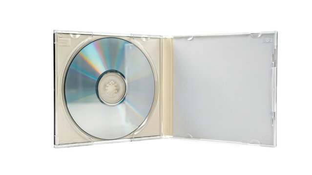 Open plastic cd jewel case containing a shiny silver compact disc with metallic iridescent rainbow reflections captured from a side angle view presented on transparent background