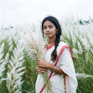 Portrait of Beautiful Indian Woman in White Traditional Saree Holding Kash Phool Grass