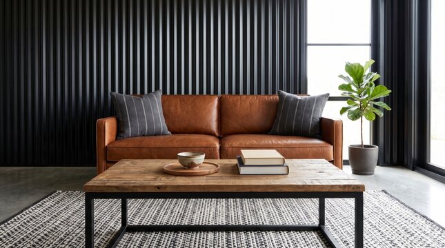 Cozy leather sofa and rustic coffee table against black corrugated wall in barndominium