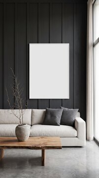 Blank poster frame mockup on black board and batten wall above linen sofa and live edge table