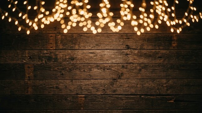 Warm glowing string lights illuminate a rustic wooden wall creating a cozy atmosphere