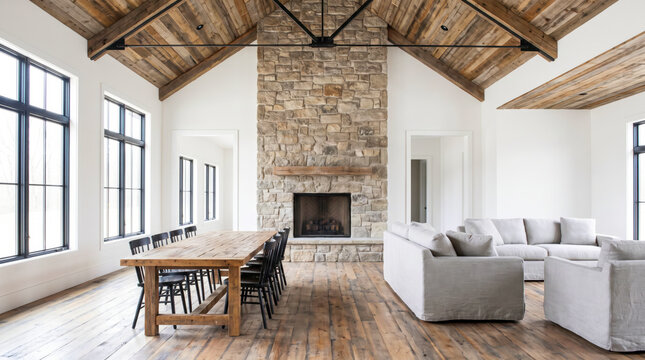 Bright barndominium great room with long farmhouse table, stone fireplace and gray linen sofas