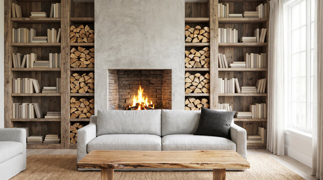 Rustic wood bookshelves with stacked firewood, fireplace and gray sofa in plaster living room