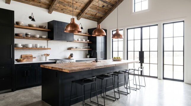 Industrial farmhouse kitchen with copper pendant lights, wooden island and open shelves