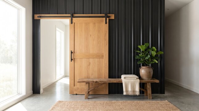 Oak sliding barn door with rustic bench, folded throw and potted plant in concrete floor hallway