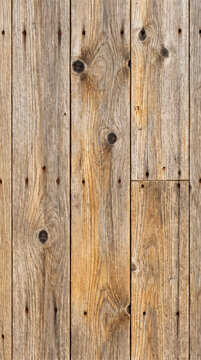 Weathered gray barn wood boards with knots and rusty nail heads, vertical texture