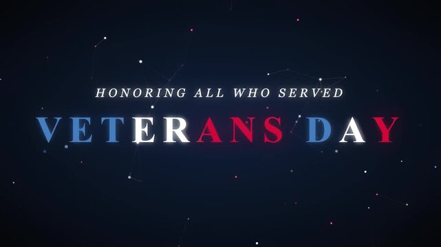 Animated veterans day greeting title over dark blue background featuring star graphic and patriotic light ray motion loop sequence for national military remembrance memorial celebration