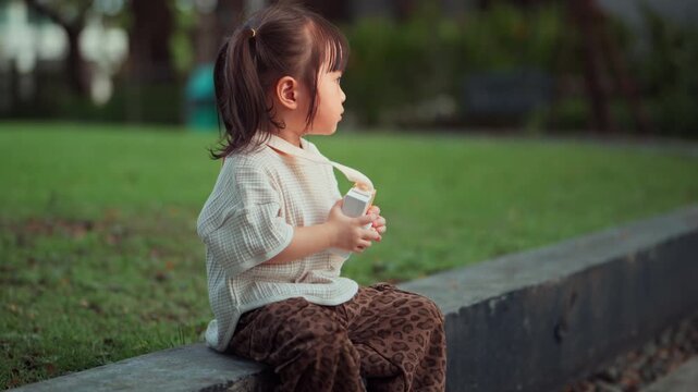 Cute Asian toddler girl sitting outdoor and playing with wooden toy camera in green park, curious little child exploring photography through imaginative play, creativity,
