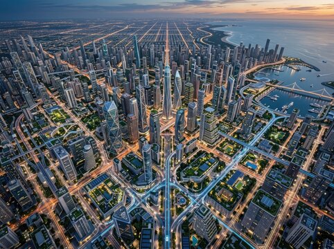 Aerial View of a Futuristic Megacity with Dense Skyscrapers