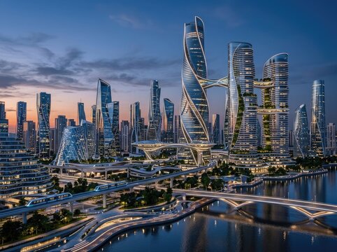 Futuristic Coastal Megacity with Towering Skyscrapers