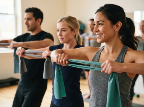 beginner resistance band group workout Group exercising with resistance bands in fitness class indoors