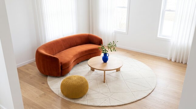 High angle living room with burnt orange curved sofa, mustard knitted pouf and round geometric rug