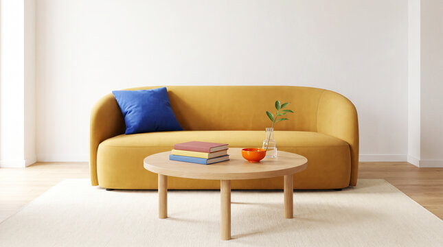 Contemporary living room with mustard curved sofa, cobalt pillow, round oak coffee table and books