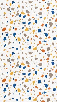 Colorful terrazzo pattern with cobalt, mustard and orange chips on white, seamless texture