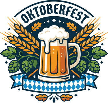 Oktoberfest beer mug centerpiece with hops and wheat motif