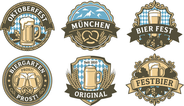 Beer festival badges and emblems collection featuring beer mugs hoppy themes